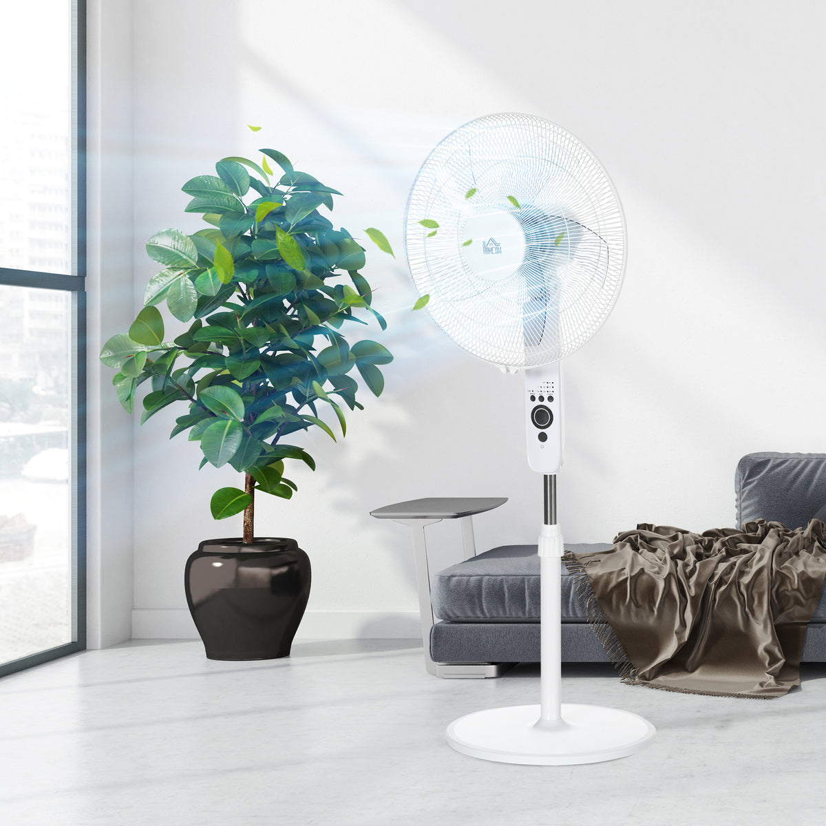 Standventilator Lüfter Fernbedienung Höhenverstellbar 3 Geschwindigkeitsstufen Metall, Weiß, Ø44,5 x H110-124 cm