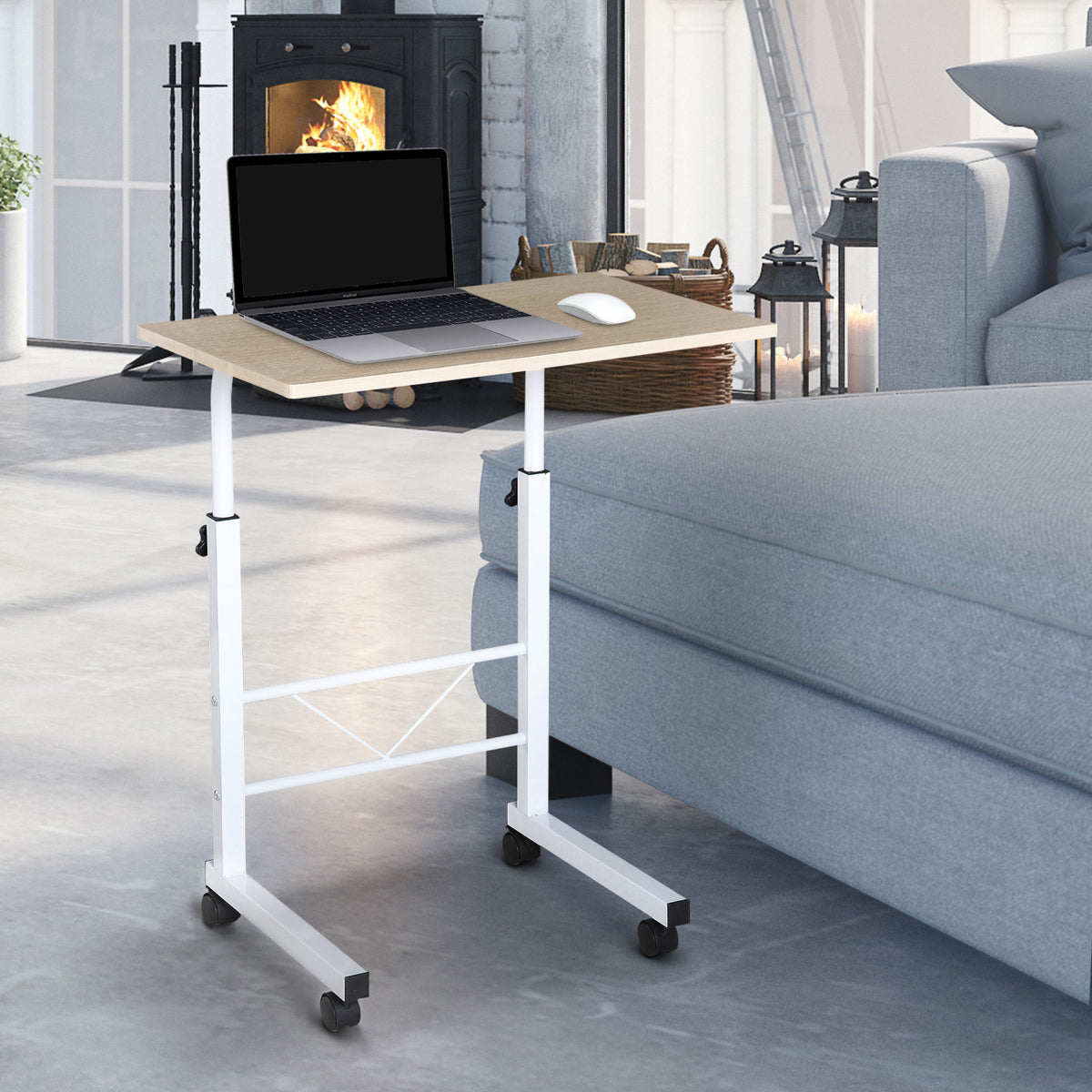 Beistelltisch h?henverstellbarer Couchtisch mobiler Endschreibtisch mit R?dern Feststellbremsen C-Tische Spanplatte Stahl Eisen Kunststoff Wei?e Ahornfarbe 60 x 40 x 68-78 cm