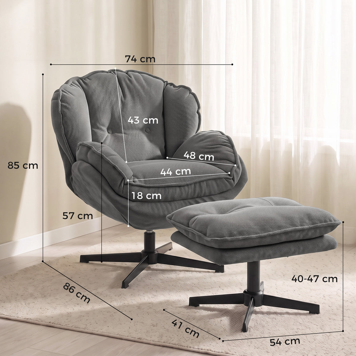 Relaxsessel mit Höhenverstellbaren Hocker, für Wohnzimmer, Grau
