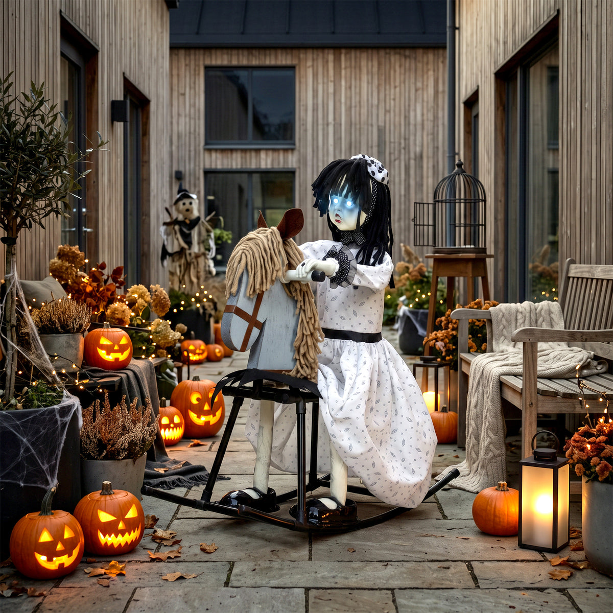 Animated Halloween Girl Riding Horse, Halloween Animatronics with Creepy Rhymes, Glowing Eyes, Sound/Touch Activated