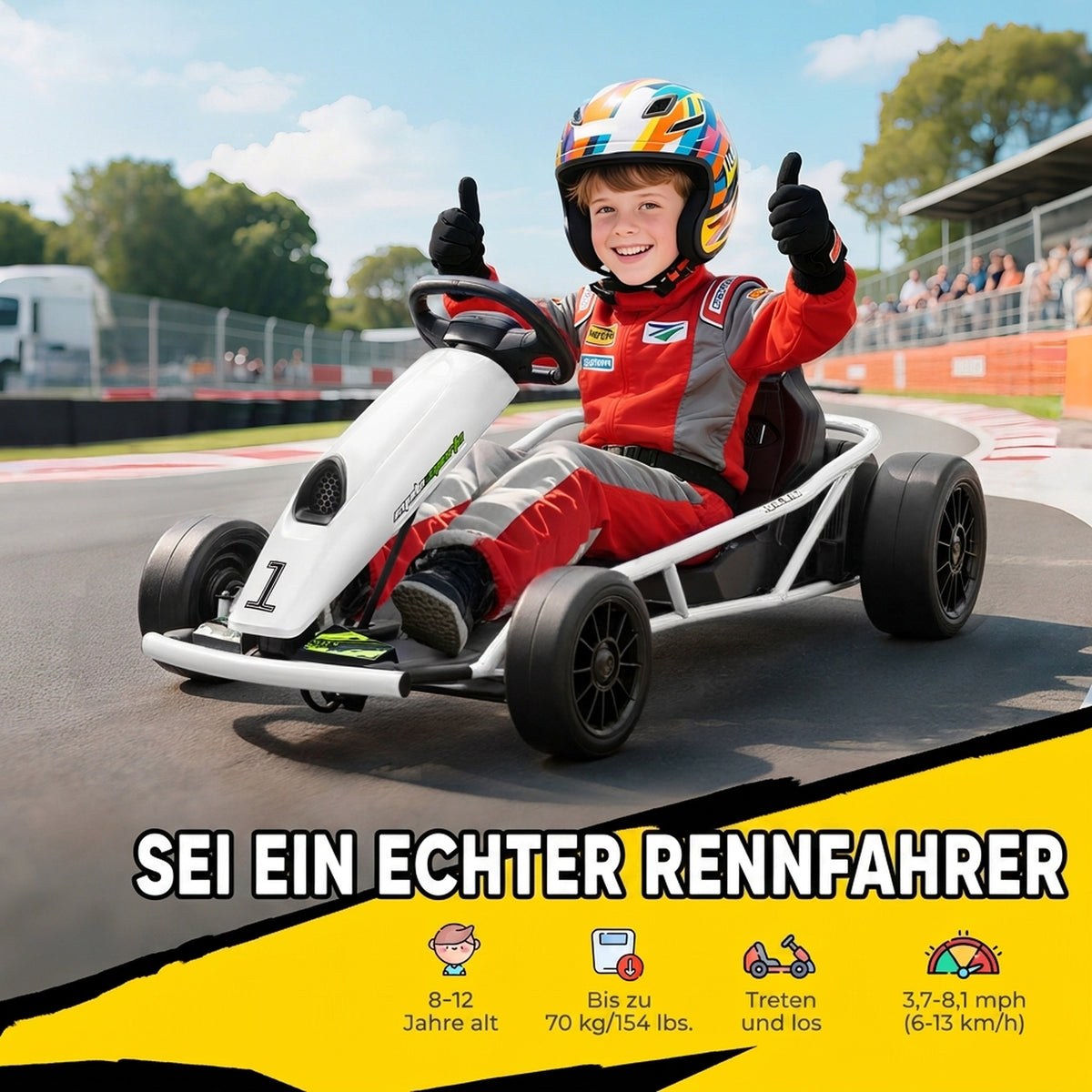 24 V Elektro Go-Kart für Kinder Bis 13 Km/h Gokart mit Drift-Funktion, Drift-Kart mit 2 Motoren für 8–12 Jahre Weiß