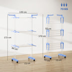 Foldable Clothes Drying Rack, 4-Tier Steel Garment Laundry Rack with Castors for Indoor and Outdoor Use, Blue