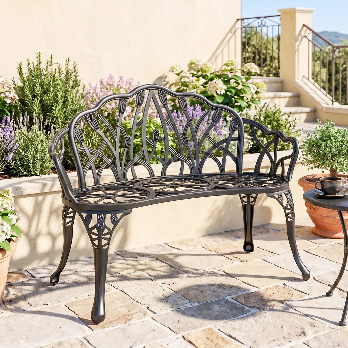 Gartenbank 2-Sitzer Gussaluminium wetterfest Outdoor Sitzbank mit Tulpen-Rückenlehne Blumenmotiv 99 x 57 x 78 cm