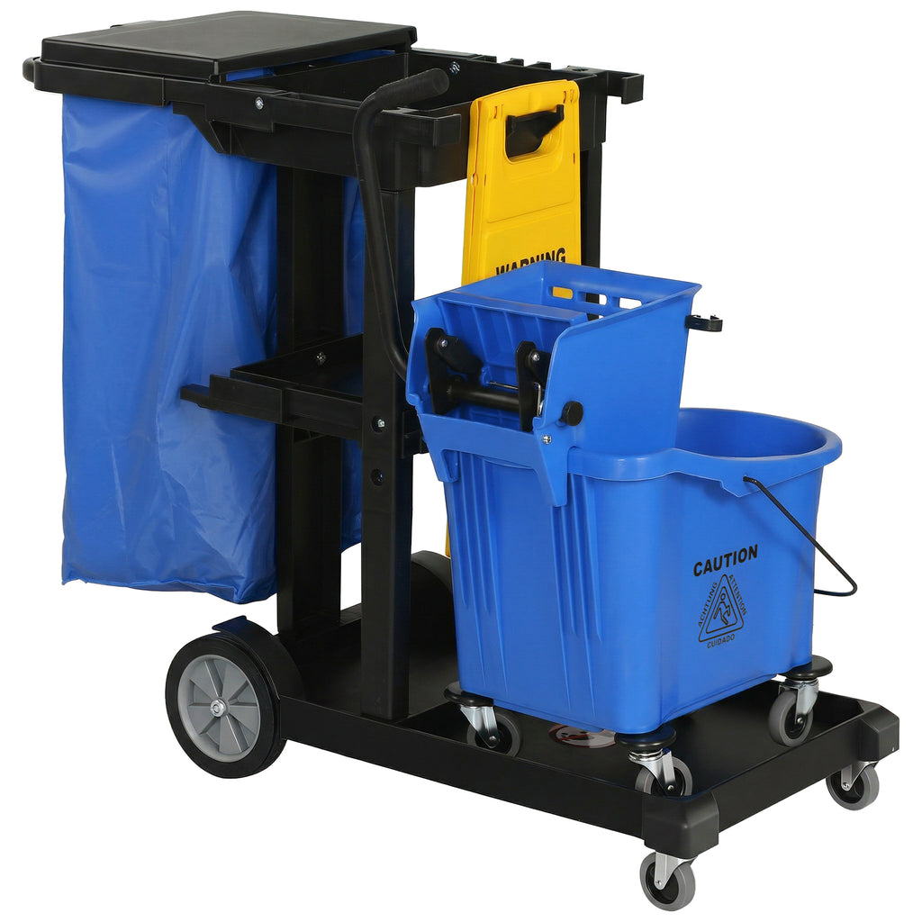 Reinigungskarre, Rollender Putzwagen mit 3 Ablagen, 70-Liter-Müllsack, Mop-Wringer-Eimer, Blau