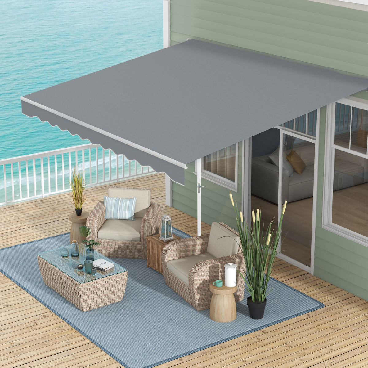 Markise, 3,95 x 2,45 m, Sonnenschutz, einfahrbar, mit Handkurbel, Metallrahmen, Polyester, Grau/Weiß