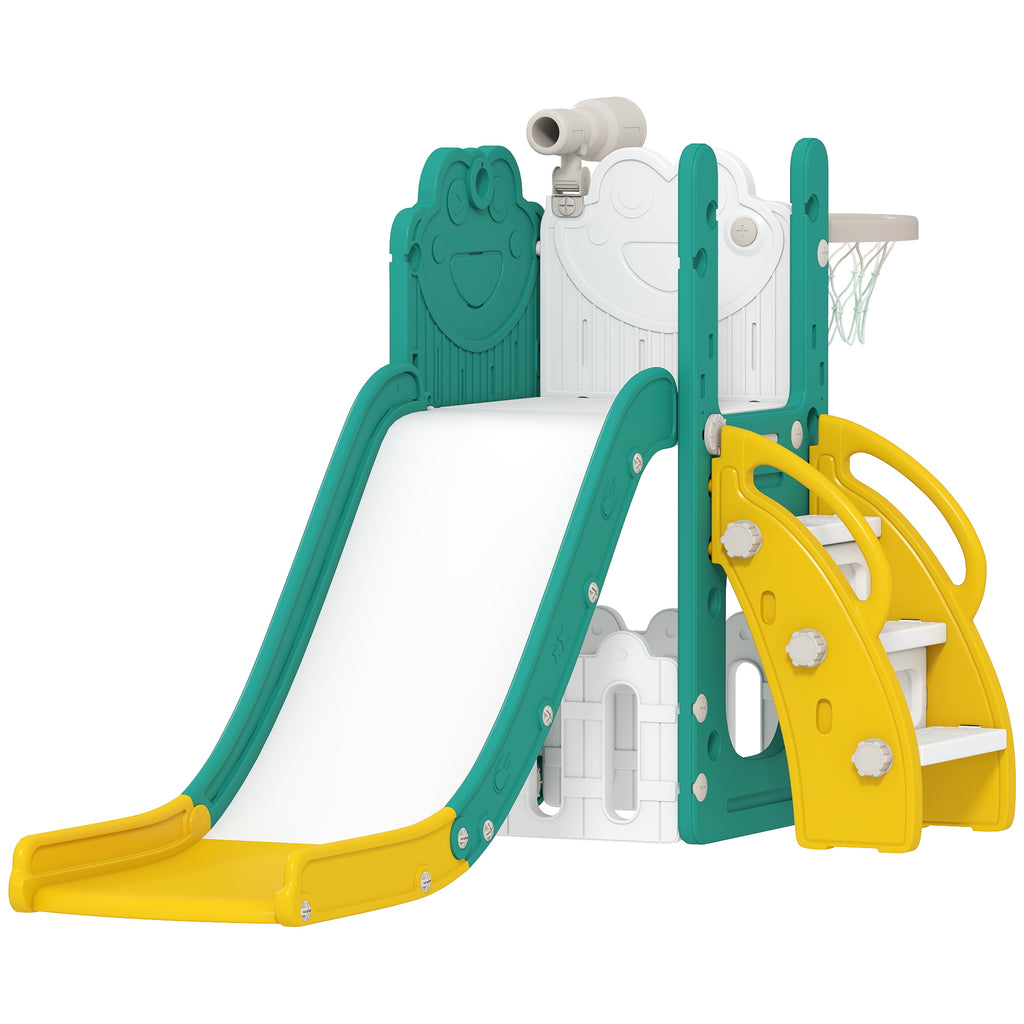 5-in-1 Kinderrutschenset, Teleskop, Basketballkorb, Kunststoff, Gelb+Gr¨¹n
