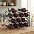 Weinregal für 13 Flaschen Flaschenregal mit Wabendesign Verstellbaren Füßen Kippschutz Metall 43 x 15,5 x 31 cm Schwarz