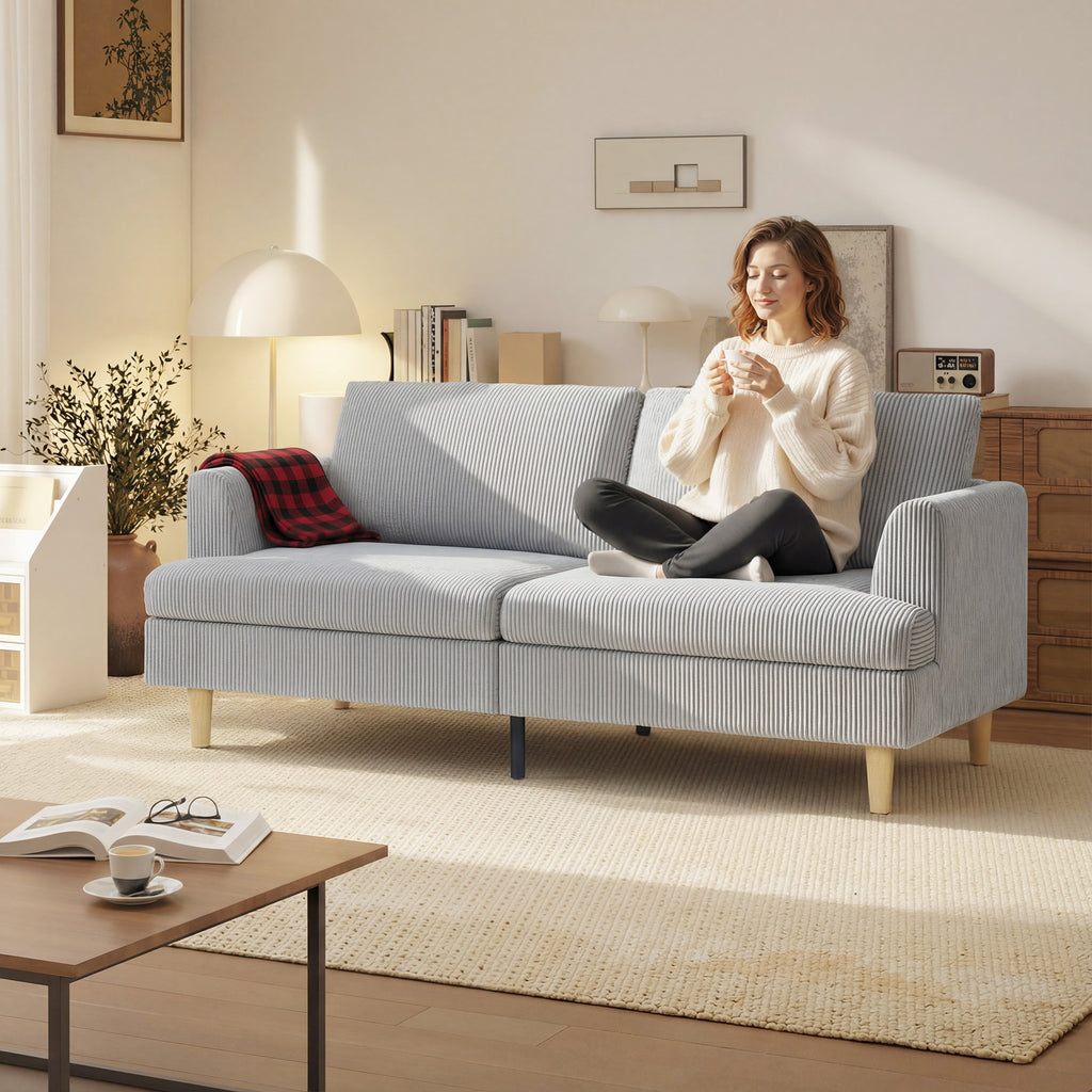 3-Sitzer-Sofa, Couch mit Armlehnen Gepolstert Polstersofa mit Kordoptik für Wohnzimmer Hellgrau