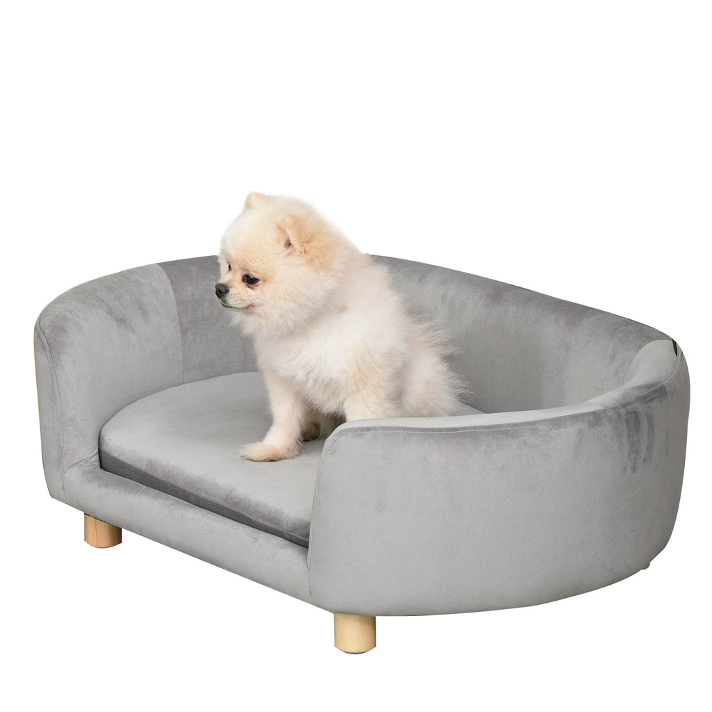 Hundesofa Hundebett aus holländischem Samt Hundecouch mit Rückenlehne, Holzbeine, Kissen, Katzensofa mit weicher Polsterung für kleine Hunde 86 x 55 x 33 cm Hellgrau