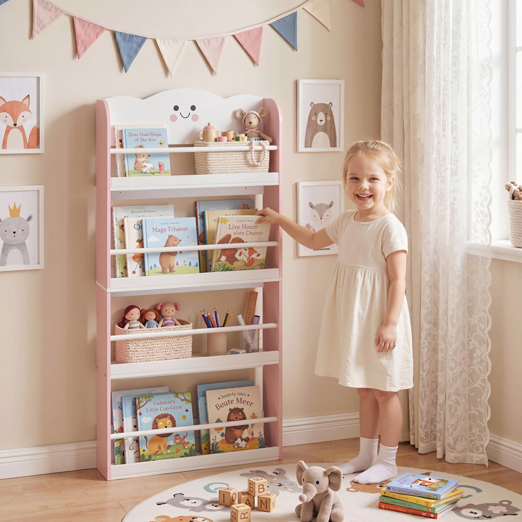 4 Tier Kids Bookshelf, Wall-Mounted Children Bookcase, Toddler Space-Saving Bookcase for Kids Room, Playroom, Pink