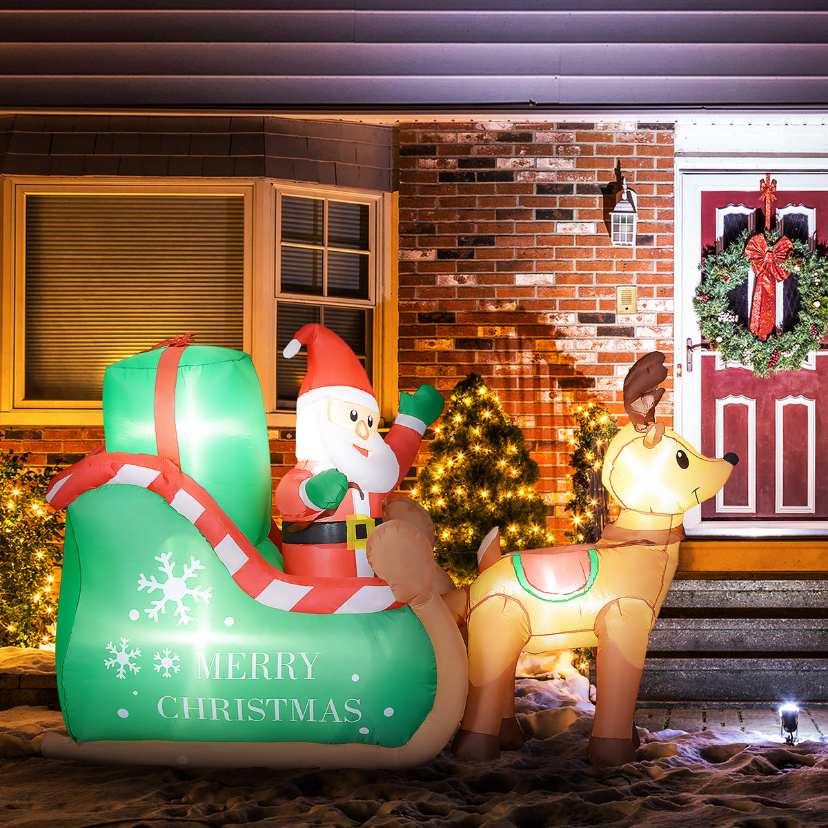 Weihnachtsmann mit Schlitten & Rentier, aufblasbar, weiße LED-Beleuchtung, 210 x 80 x 140 cm