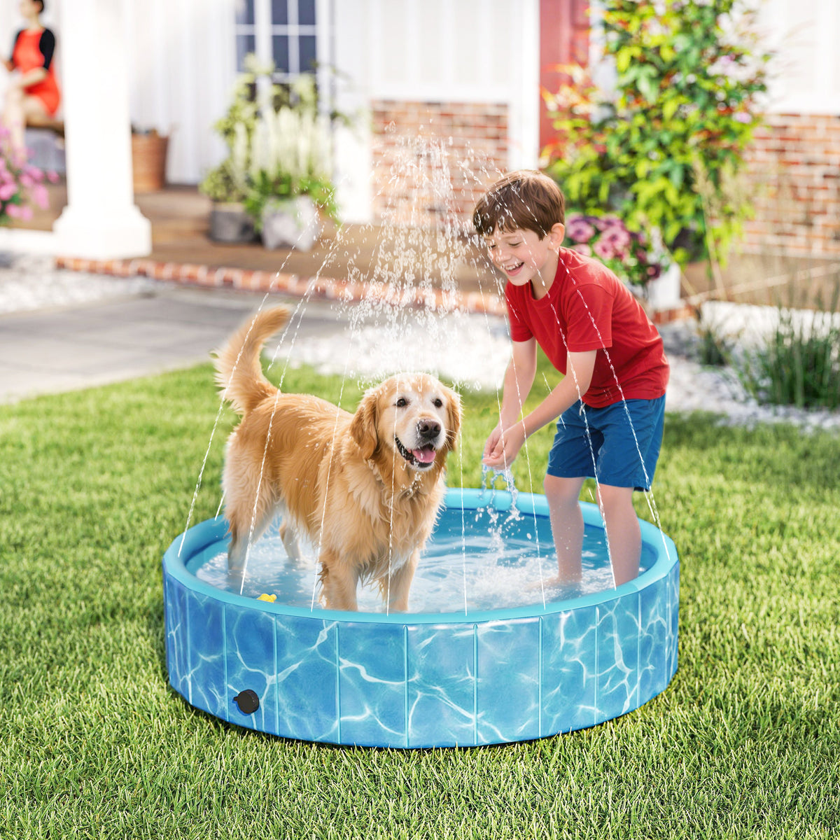 Hundepool Faltbar Planschbecken mit Brunnen- und Wasserpolsterdesign Ø120 x 30 cm Blau