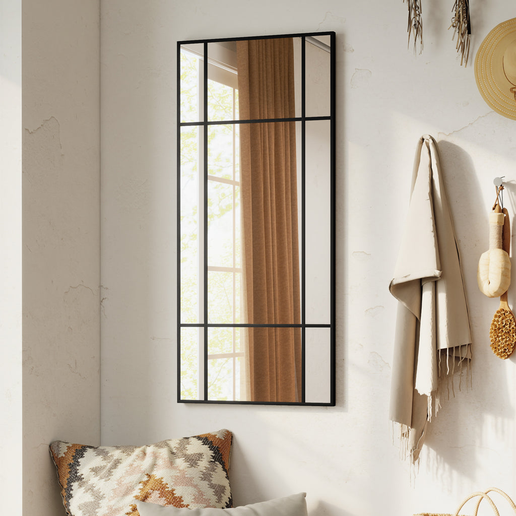 Decorative Grid Wall Mirror, with Back Hooks - Black