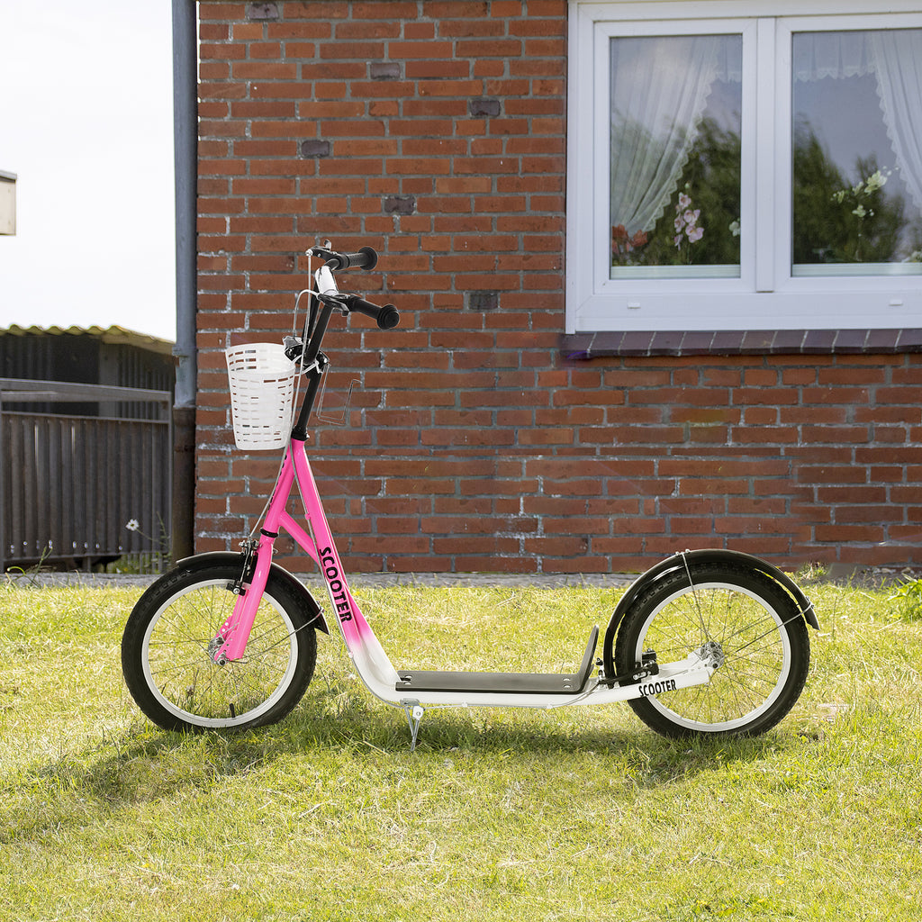 Kinderroller Tretroller mit Bremse, inkl. Korb, höhenverstellbar, für Kinder von 5 bis 12 Jahren, Weiß + Pink