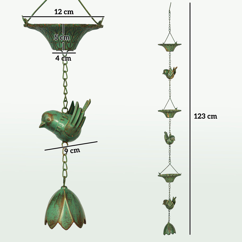 3er Set Regenkette 123cm Regenablaufkette aus Metall Ablaufkette mit befestigtem Aufh?nger V?geln Bell Gr¨¹n