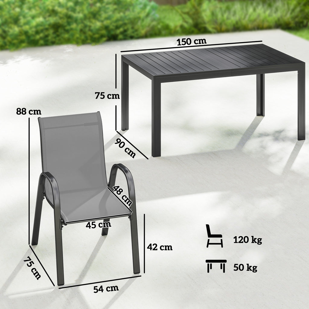 Gartenmöbel Set Sitzgruppe 7-teilig Tisch mit 6 Atmungsaktiven Stapelstühlen Lamelldesign Hellgrau