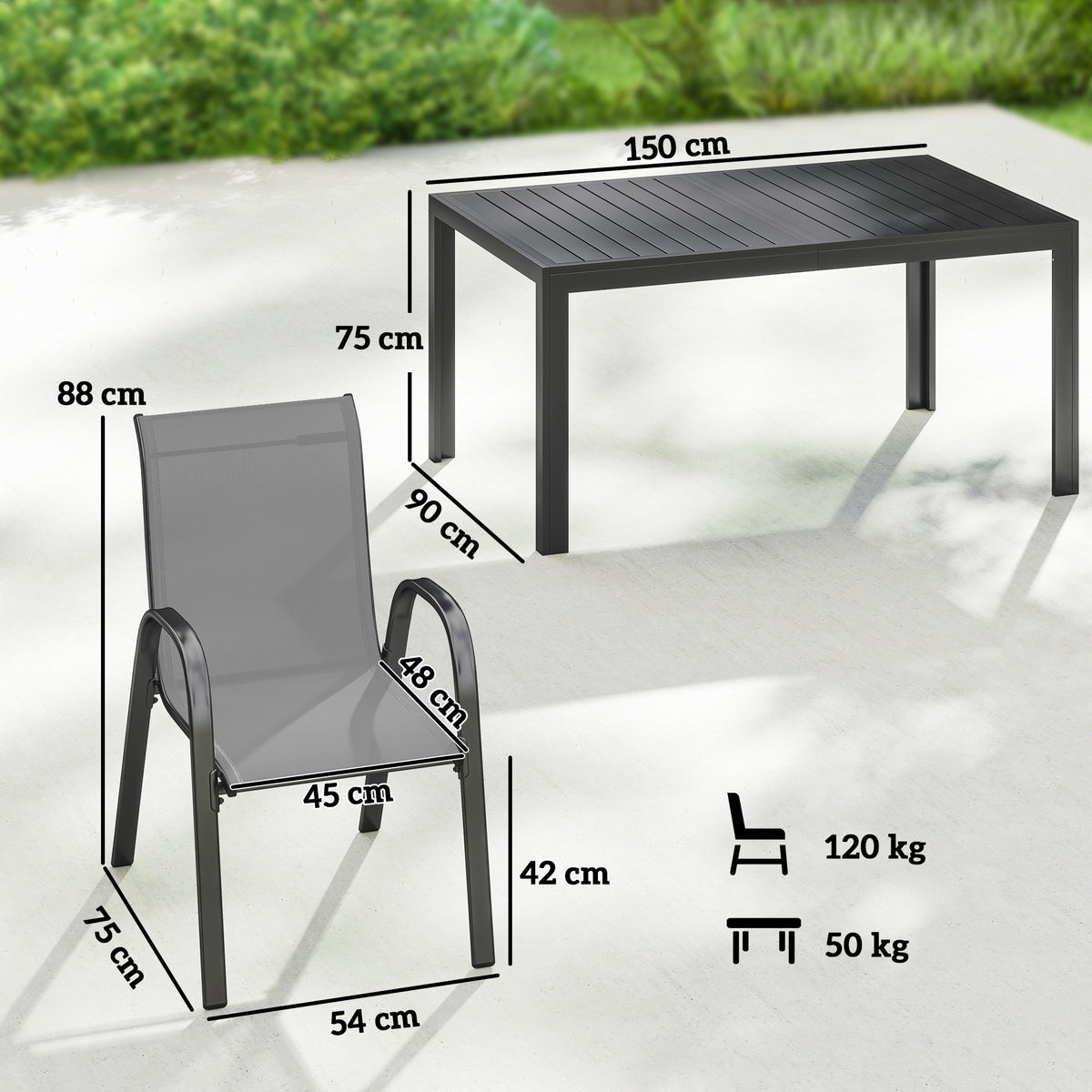 Gartenmöbel Set Sitzgruppe 7-teilig Tisch mit 6 Atmungsaktiven Stapelstühlen Lamelldesign Hellgrau