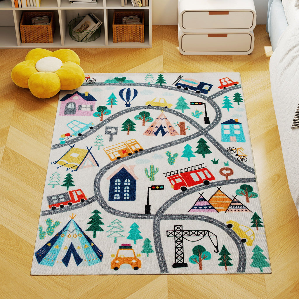 Teppich mit Autobahn-Muster, wei?er Hintergrund, weiches Fleece, pflegeleicht, Bunt