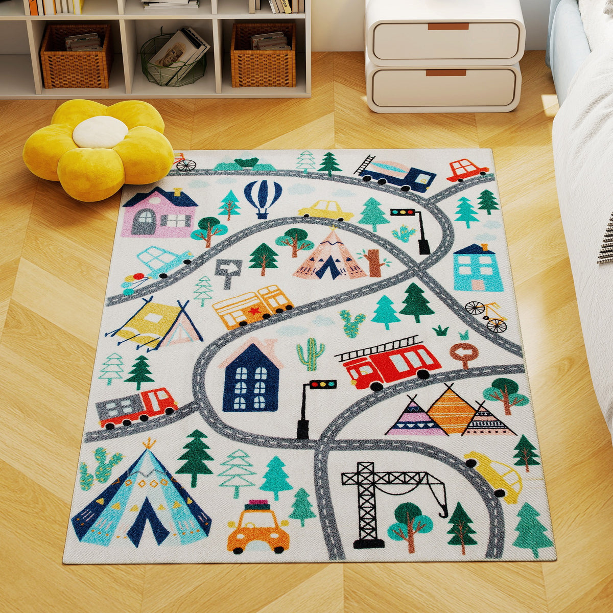 Teppich mit Autobahn-Muster, wei?er Hintergrund, weiches Fleece, pflegeleicht, Bunt