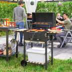 Holzkohlegrill, höhenverstellbare Kohlenpfanne, Grillwagen, Regale, Thermometer, Flaschenöffner, Stahl, Holz, Schwarz
