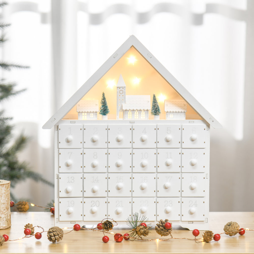 Adventskalender Weichnachtsdekoration Weihnachtsdeko, 24 Schubladen, LED-Lichter, 39 cm x 9 cm x 42 cm, Weiß + Grün