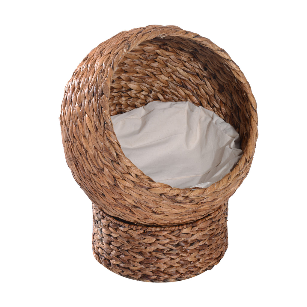 Woven Banana Leaf Elevated Cat Bed Wicker Kitten Basket Pet Den, House Cosy Cave with Soft Cushion Dome 50x42x60cm Brown