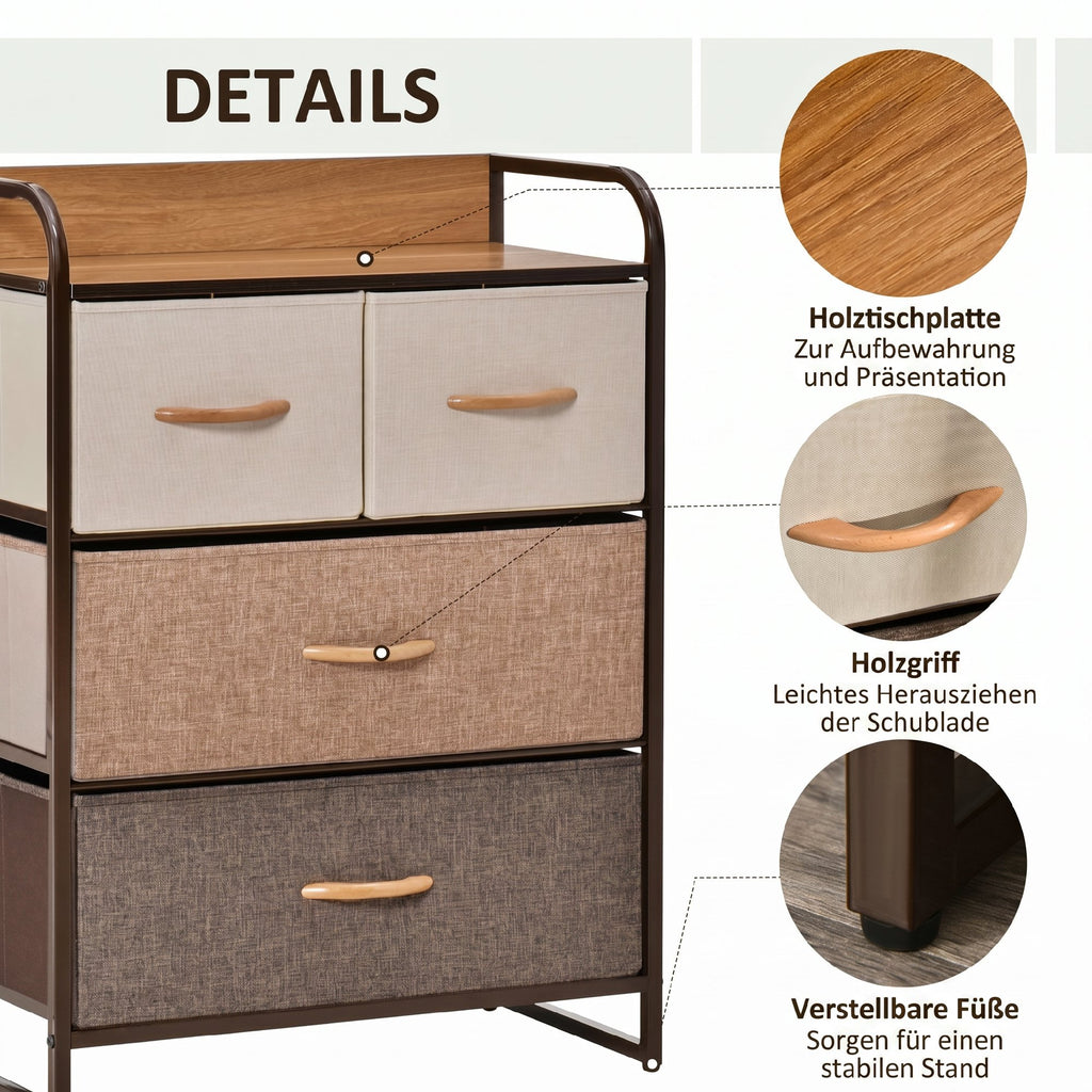 Kommode Schrank mit 4 Schubladen aus Leinen Aufbewahrungsschrank mit Metallrahmen für Schlafzimmer, Wohnzimmer