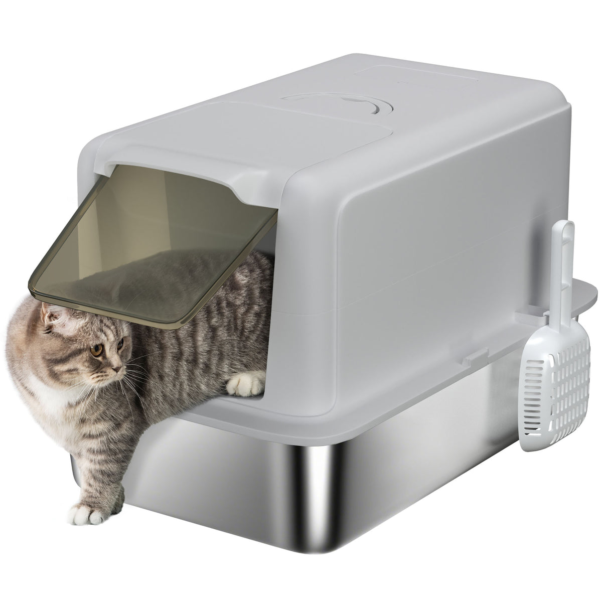 Stainless Steel Cat Litter Box with Removable Lid, Scoop, Filter Bags, for Larger Cats, Grey