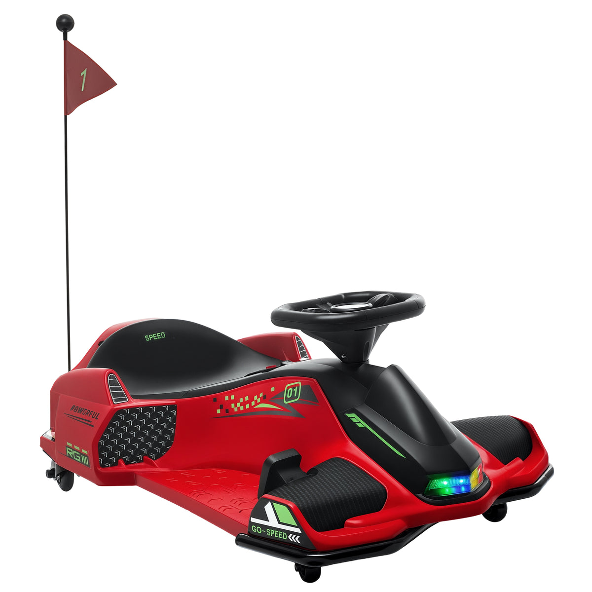 Elektrisches Go-Kart für Kinder, Gummiräder, 3-8 km/h, mit Lichtern und Musikfunktion, Rot