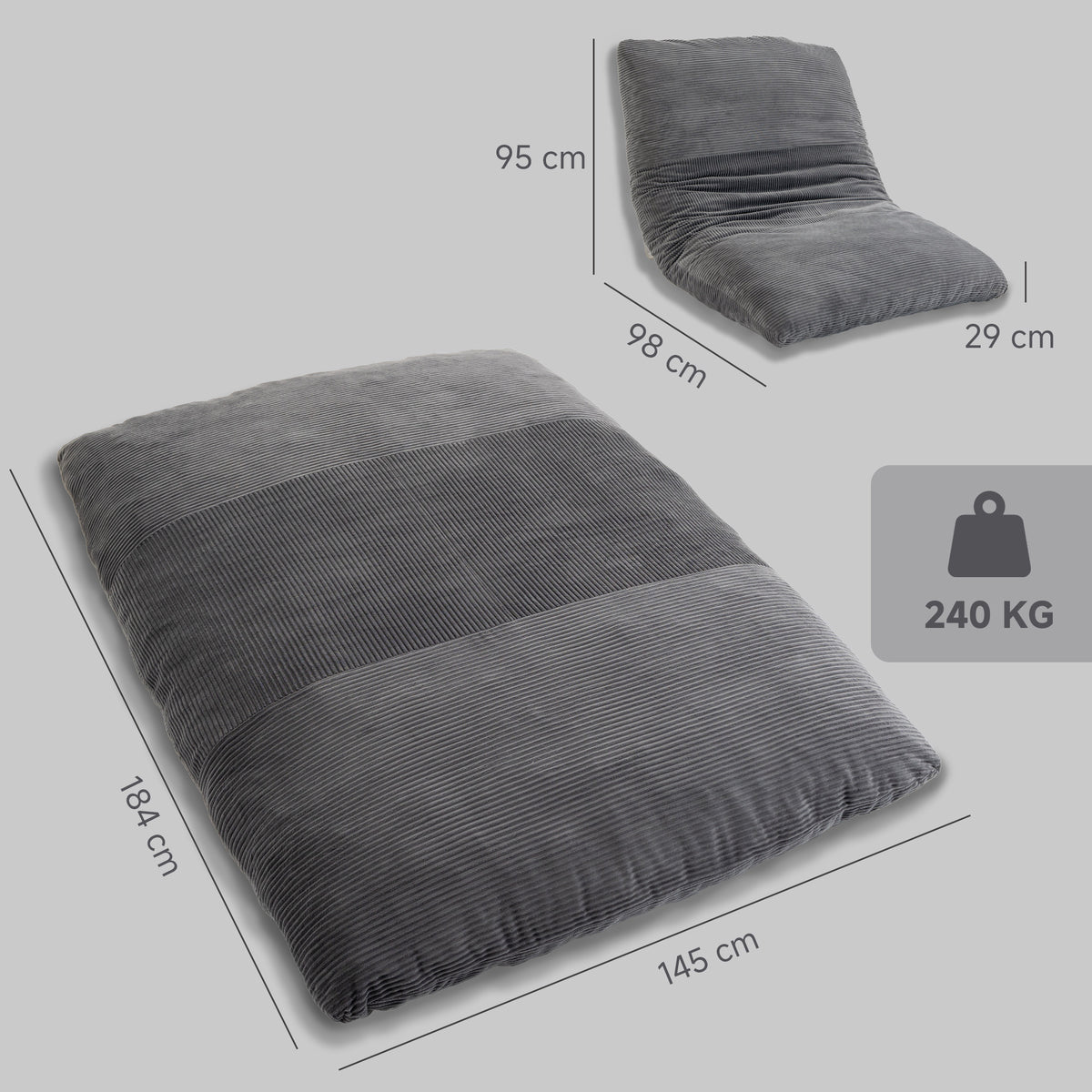 2-in-1 Bodensessel aus Cord, klappbares Bodensofa zum Lesen, Gaming & Meditieren, Schlafsofa für Schlafzimmer