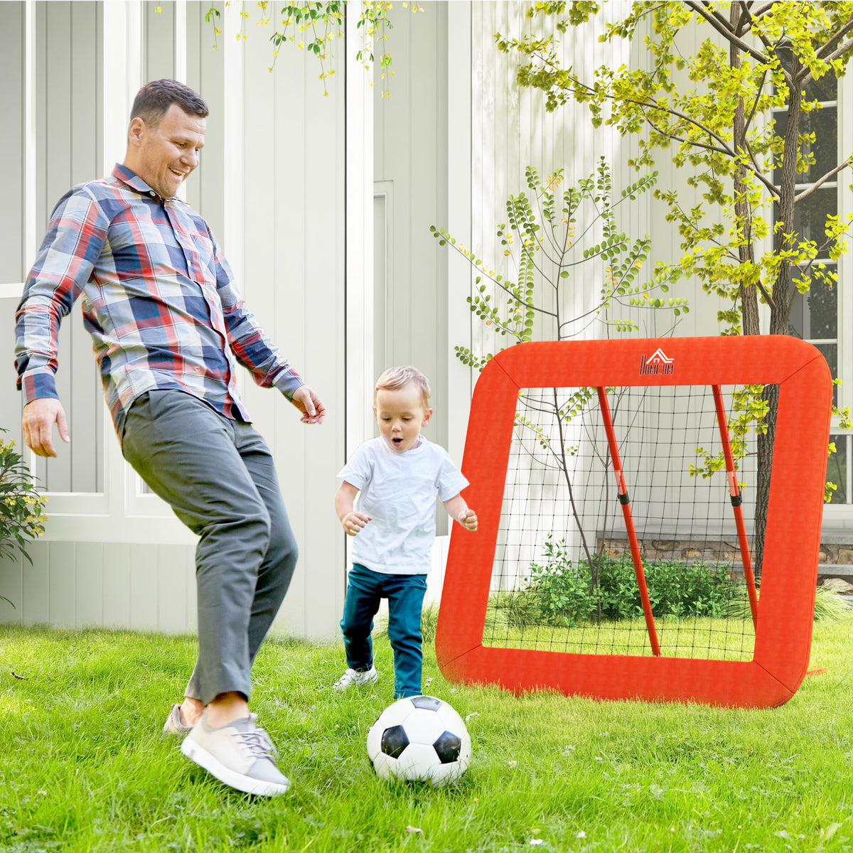 Fußball-Rückprallnetz, verstellbar, faltbar, Metallrahmen, Allwetter-PE-Netz, inkl. Heringe, Rot