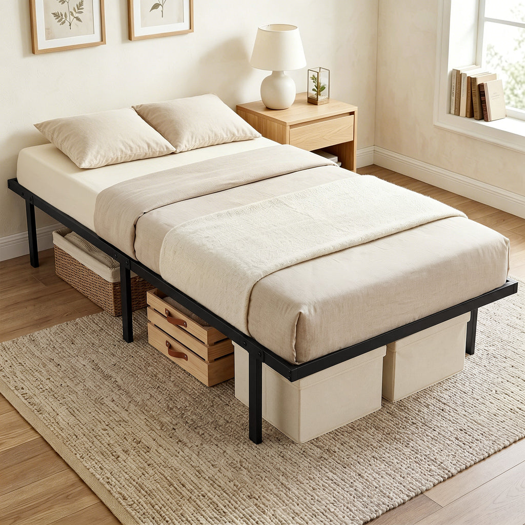 Bettgestell, 90 x 200 cm Metallbett mit Stauraum unter dem Bett, Metallgestell mit Lattenrost, kein Boxspring nötig