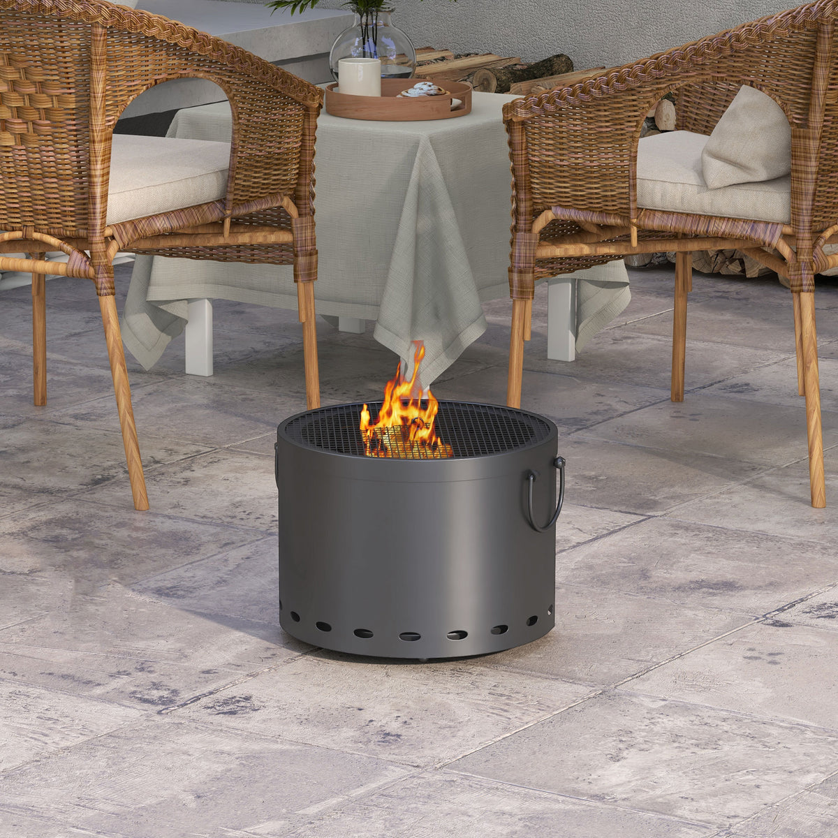  Smokeless Fire Pit, 38cm Portable Wood Burning Firepit with Spark Screen and Poker, Low Smoke Camping Bonfire Stove for Garden Patio Picnic, Dark Grey