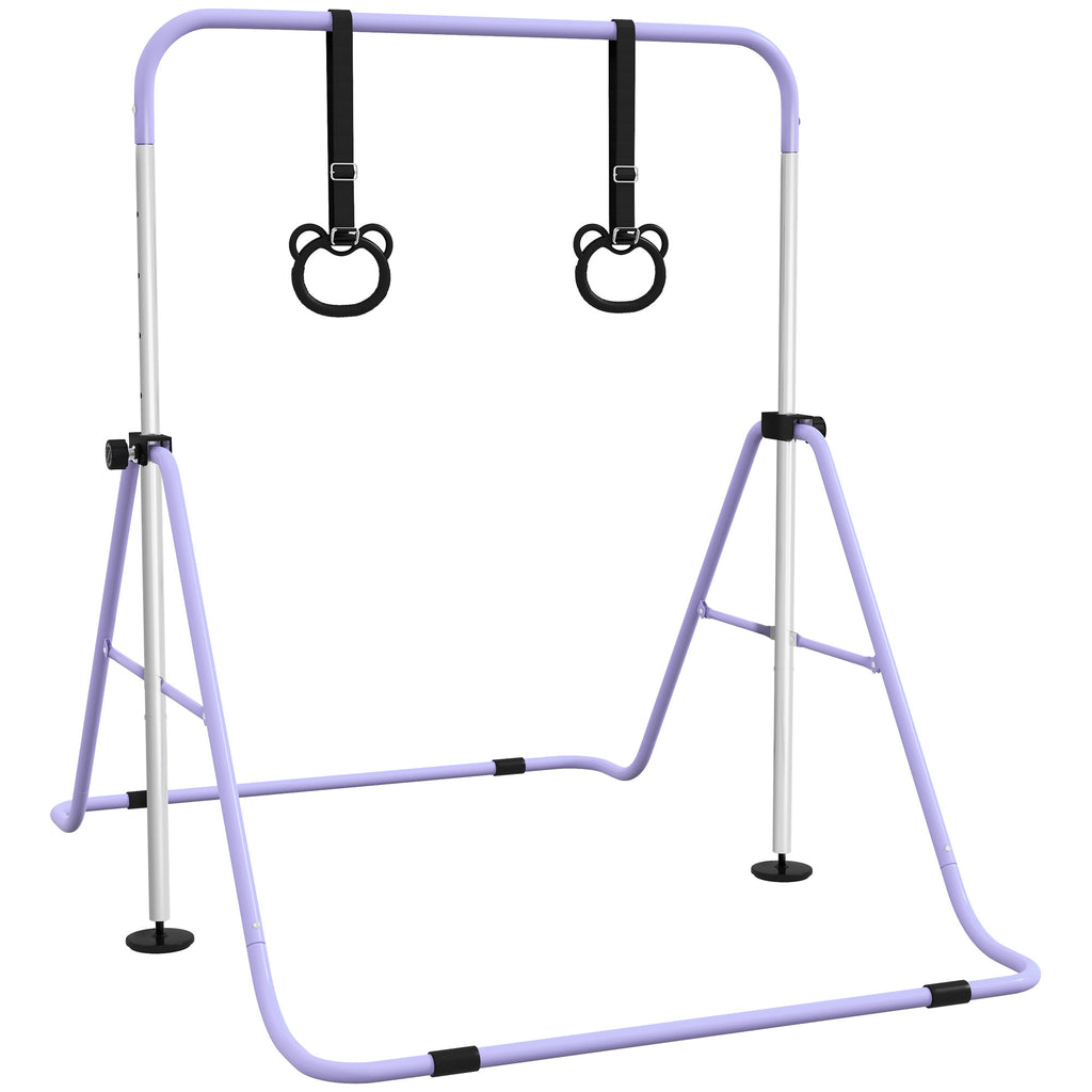 Adjustable Height, Foldable Kids Gymnastics Bar w/ Non-slip Rubber Floor Rings, for 3+ Years, Purple