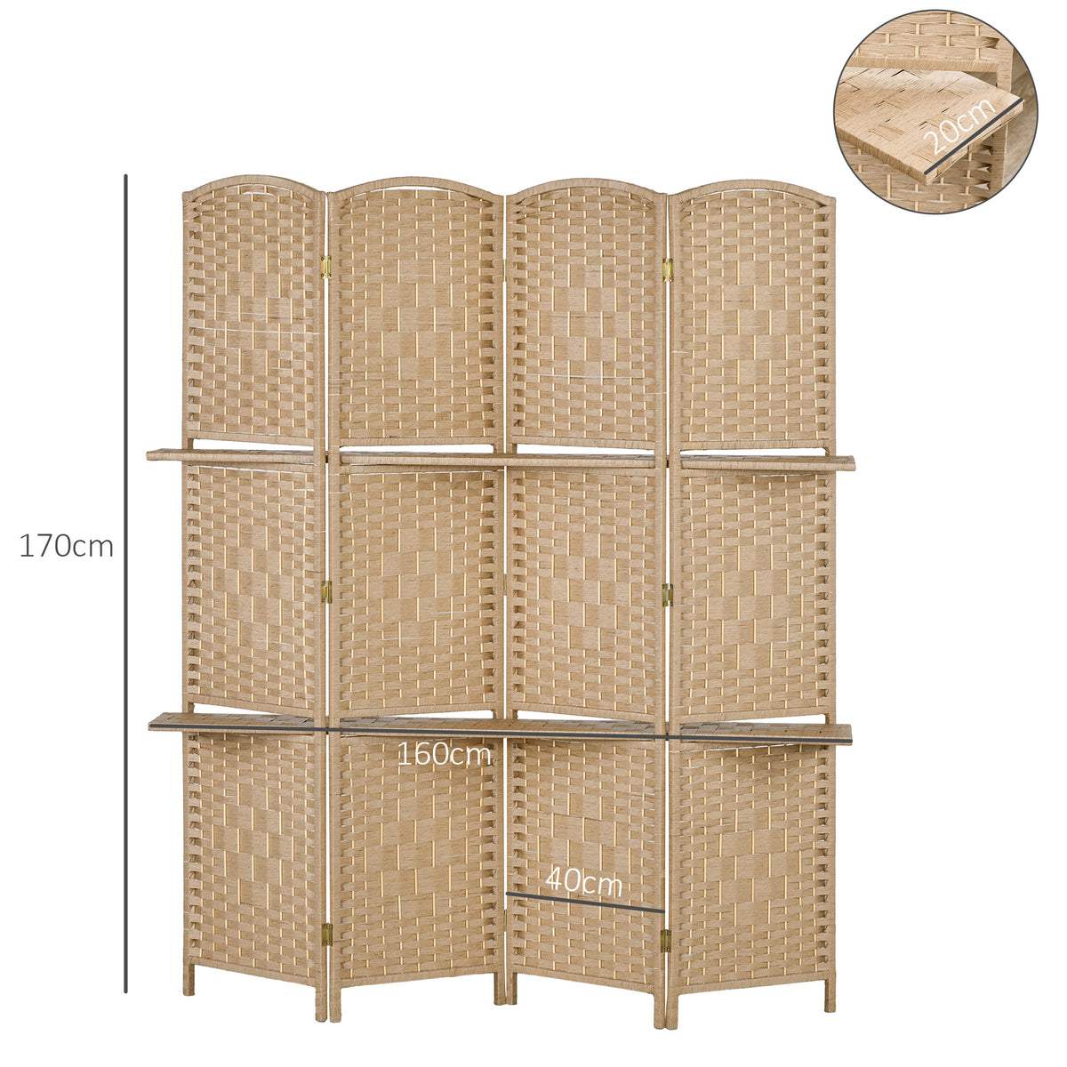 4-teiliger Paravent, 160 x 170 cm, faltbare Trennwand mit 2 Regalen, Naturholz