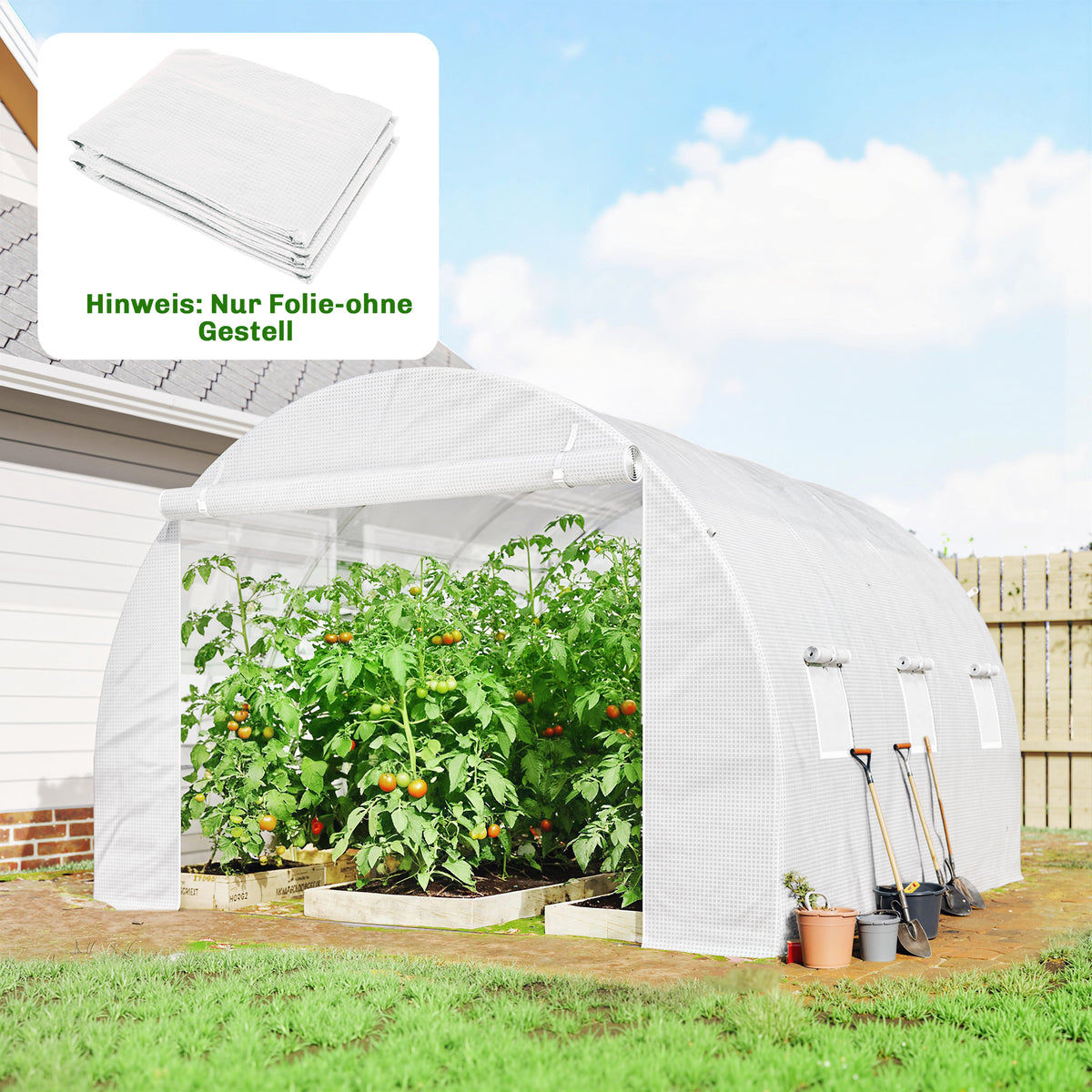 Gewächshausfolie 3 x 3 m, wasserdicht Polyethylenfolie mit Rolltür, 6 Fenster, UV Schutz NUR Folie Weiß