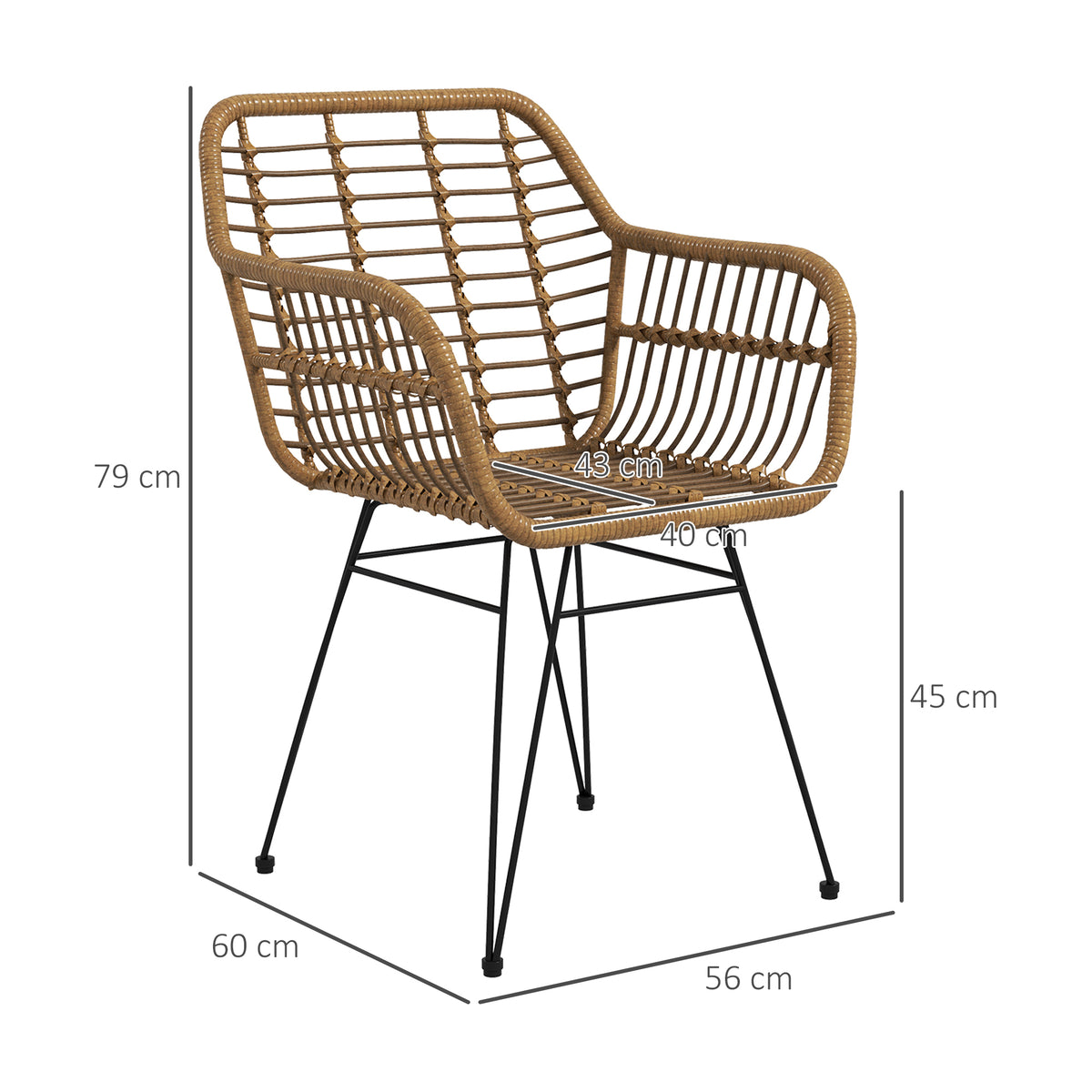 2-er-Set Stühle im Boho-Stil, Küchenstühle, PE-Rattan, 56 x 60 x 79 cm, Natur + Schwarz