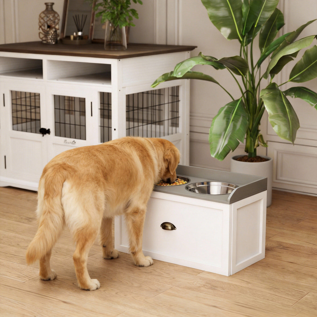 Stainless Steel Raised Dog Bowls, with 21L Storage Drawer for Large Dogs and Cats - White