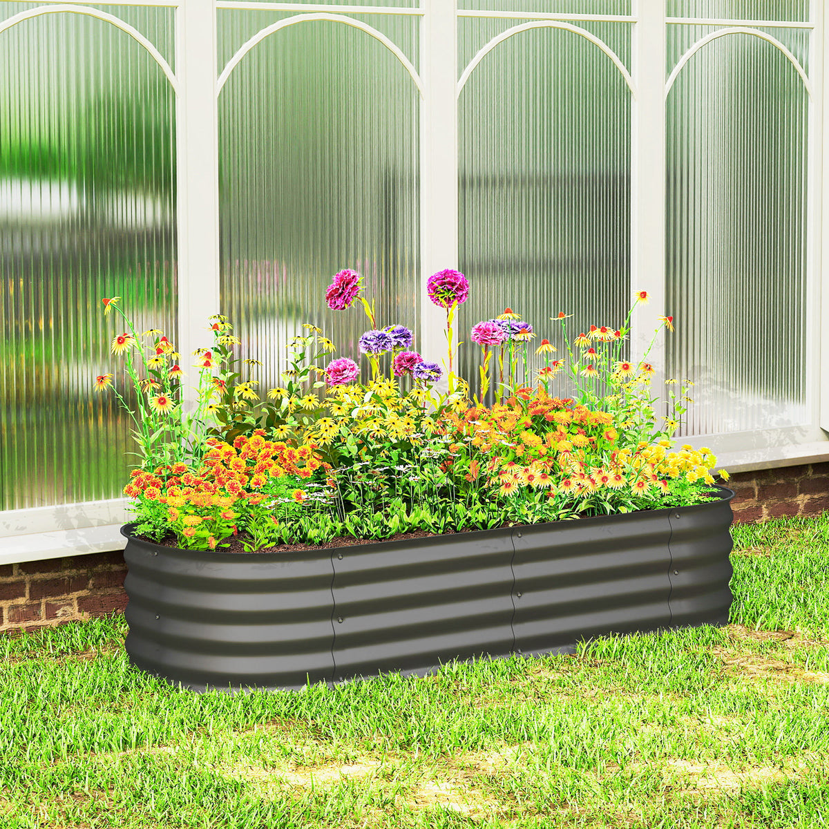 Galvanised Raised Garden Bed, Metal Planter Box with Safety Edging, for Flowers, Herbs, Succulents, Dark Grey