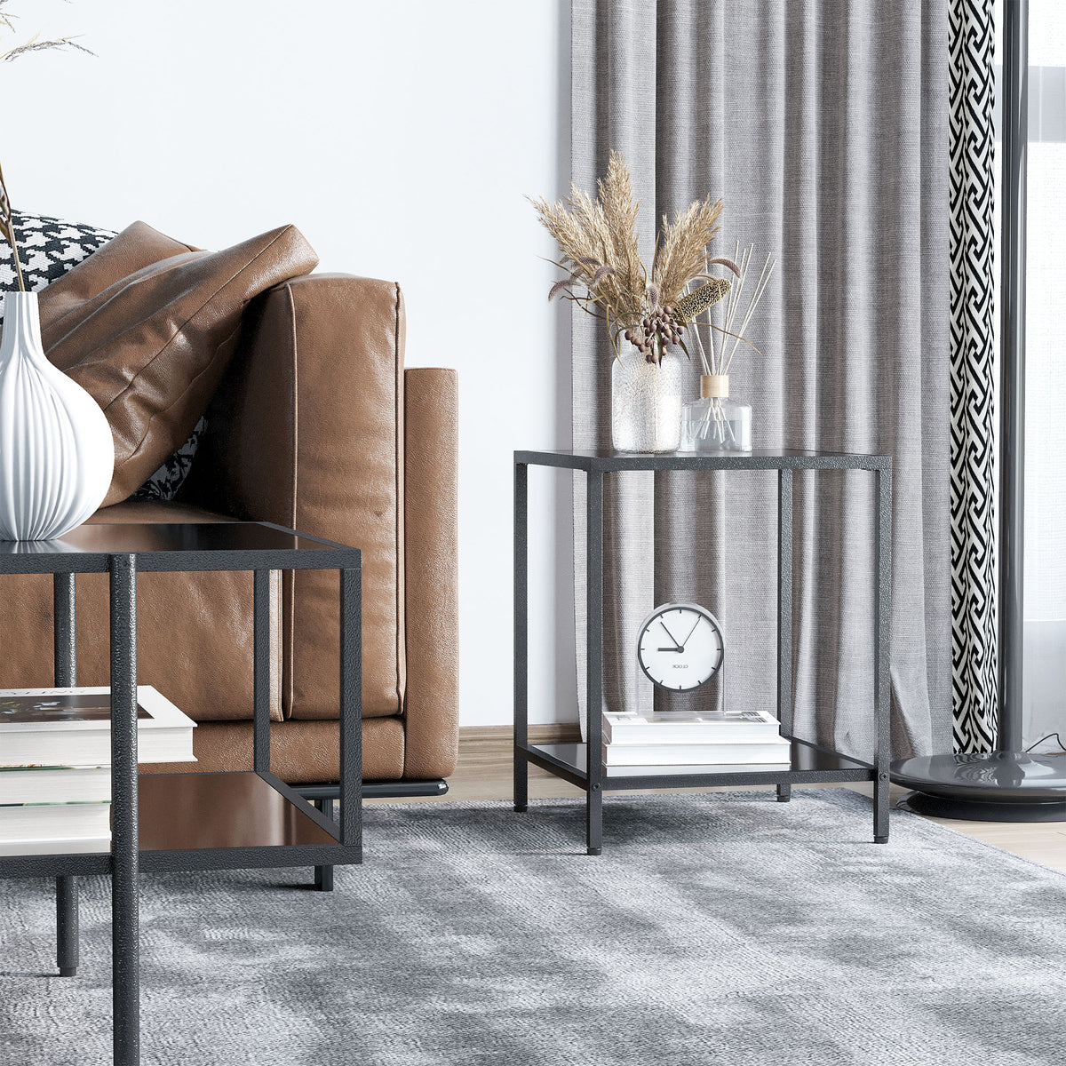 Tempered Glass Side Table with Storage, Modern 2-Tier Bedside Table with Steel Frame, Black