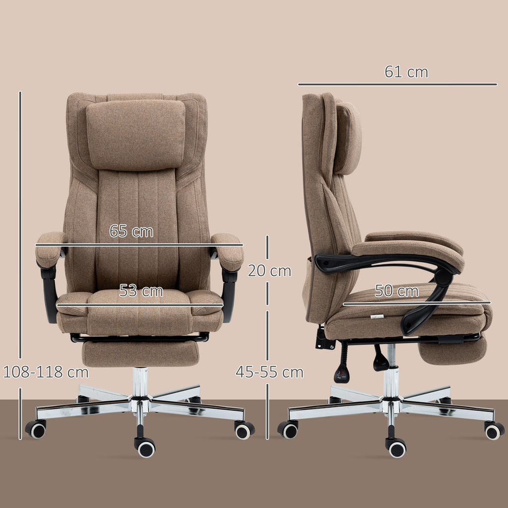 B¨¹rostuhl mit Massagefunktion, neigbare R¨¹cklehne, ausziehbare Fu?st¨¹tze, Leinenoptik, 65 x 61 x 118 cm, Braun