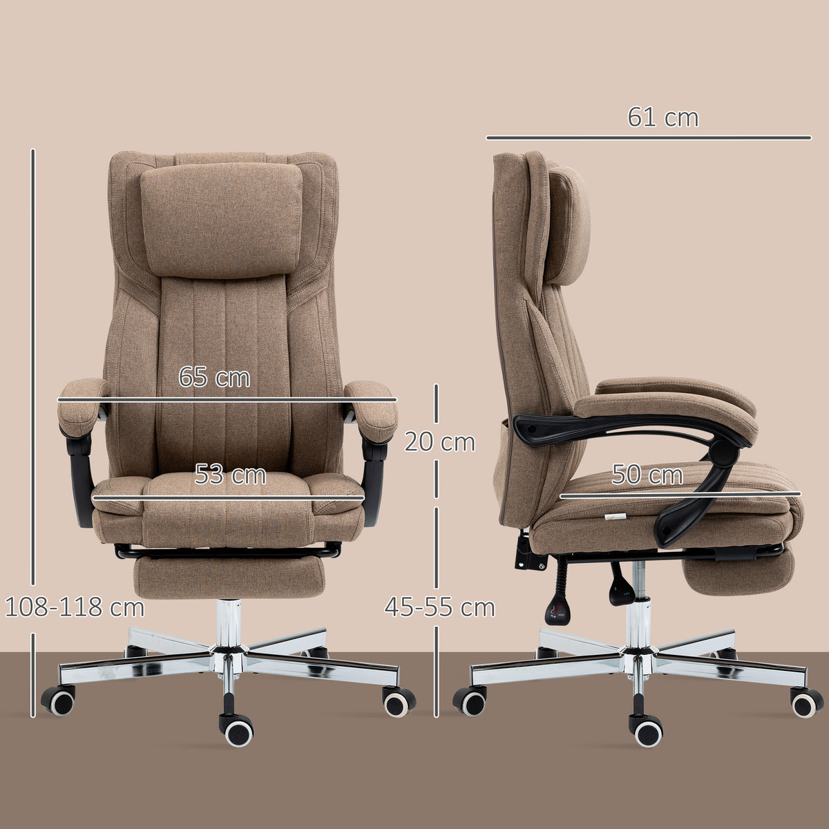 B¨¹rostuhl mit Massagefunktion, neigbare R¨¹cklehne, ausziehbare Fu?st¨¹tze, Leinenoptik, 65 x 61 x 118 cm, Braun