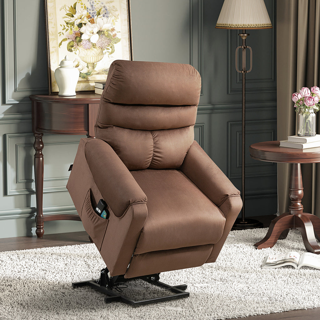 Fernsehsessel mit Aufstehhilfe Elektrisch, Massagesessel mit Liegefunktion und W?rmefunktion, Relaxsessel mit Fernbedienung und Seitentasche Verstellbar Polyester-Gewebe Braun