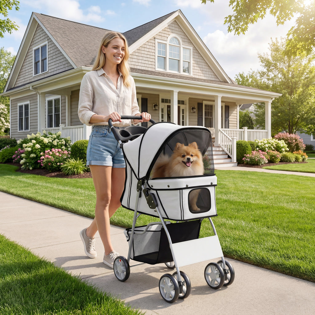 Dog Pram, Pet Stroller with Reflective Strips, Foldable Cat Stroller with 360° Swivel Wheels, Grey