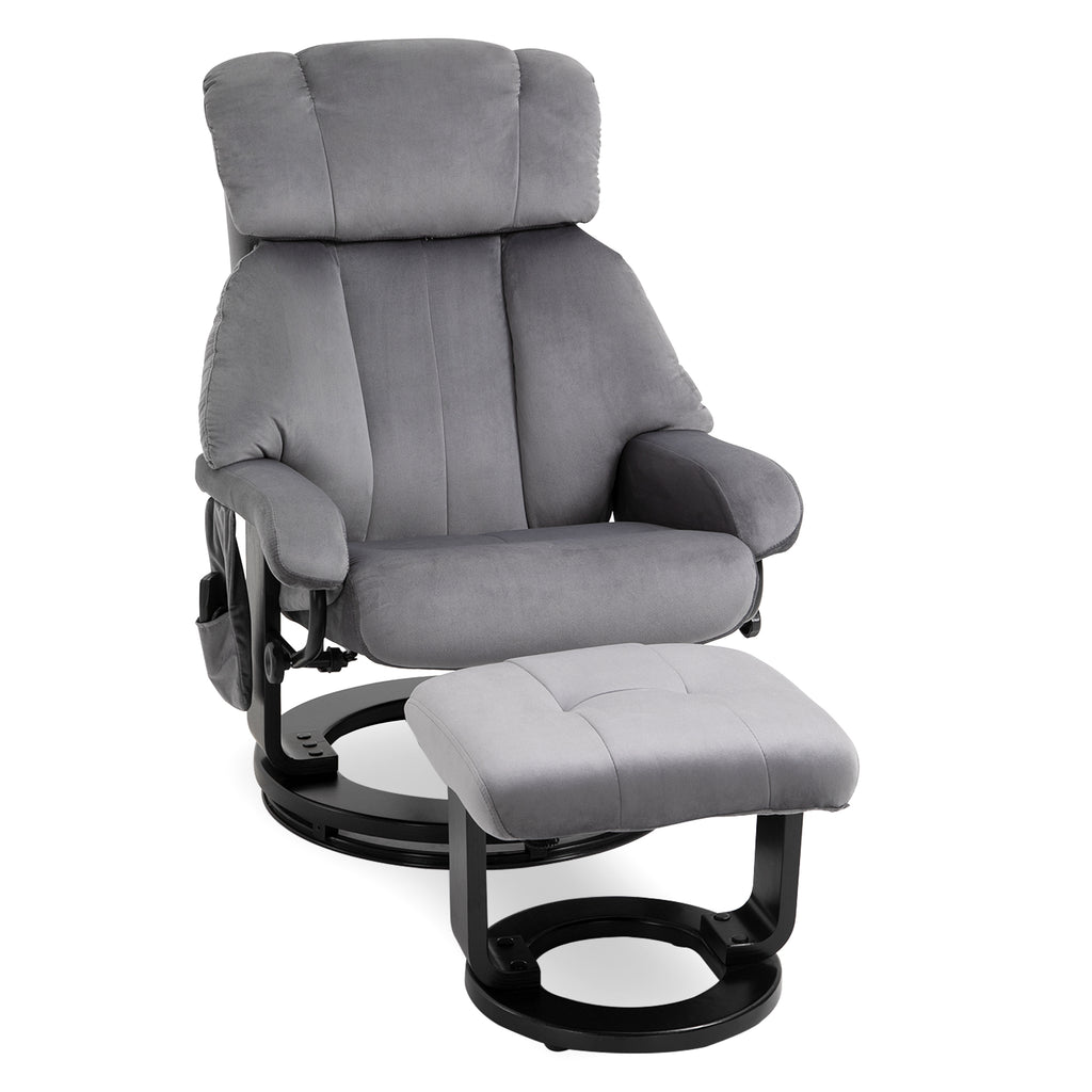 Relaxsessel mit Hocker, Drehbarer Fernsehsessel mit Schwingmassage, Liegefunktion, Massagesessel mit Seitentasche, Liegesessel mit Samtoptik für Wohnzimmer Grau