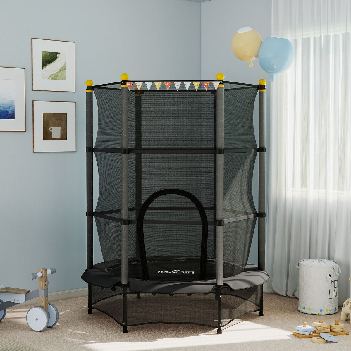 4.6FT/55" Kids Trampoline with Enclosure Net, Outdoor Indoor Use, for Ages 3-10 Years, Black