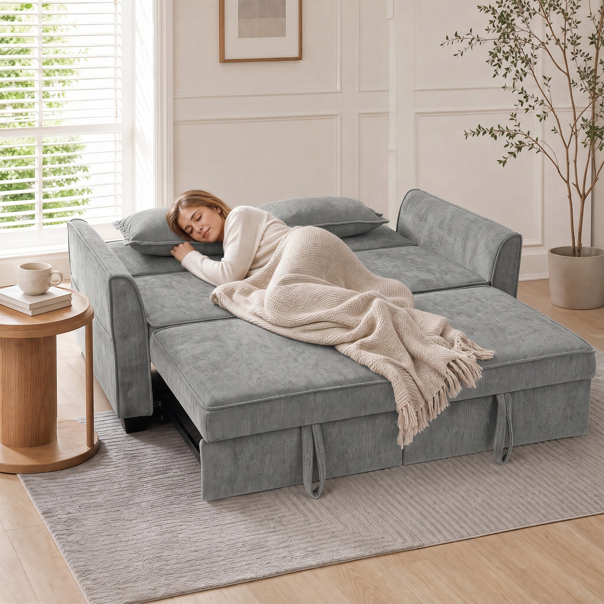 2-Sitzer-Schlafsofa, 4-in-1 L-förmiges Ausziehsofa mit verstellbarer Rückenlehne und Seitentaschen, Grau