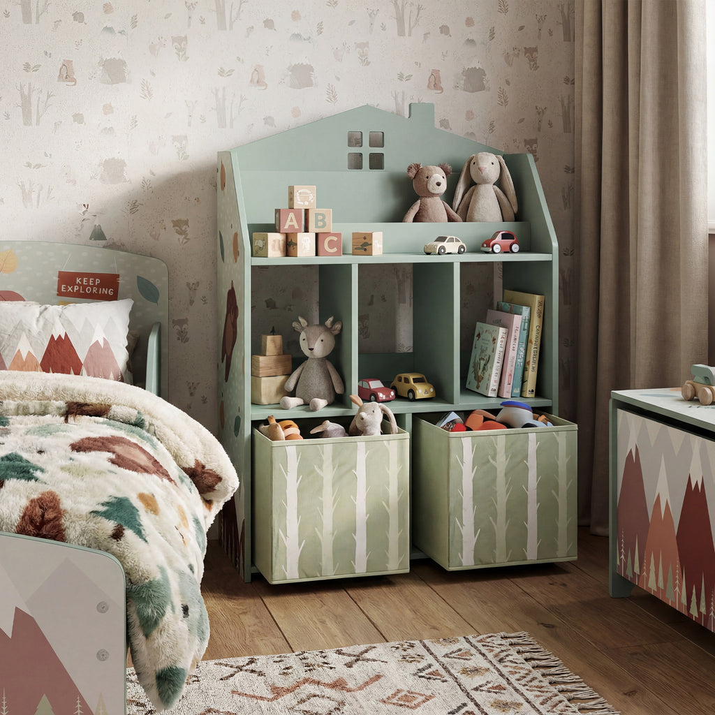 Kids Bookshelf with Storage, Toy Storage Unit with Book Display, Shelves and Fabric Drawers for Playroom Nursery, Green