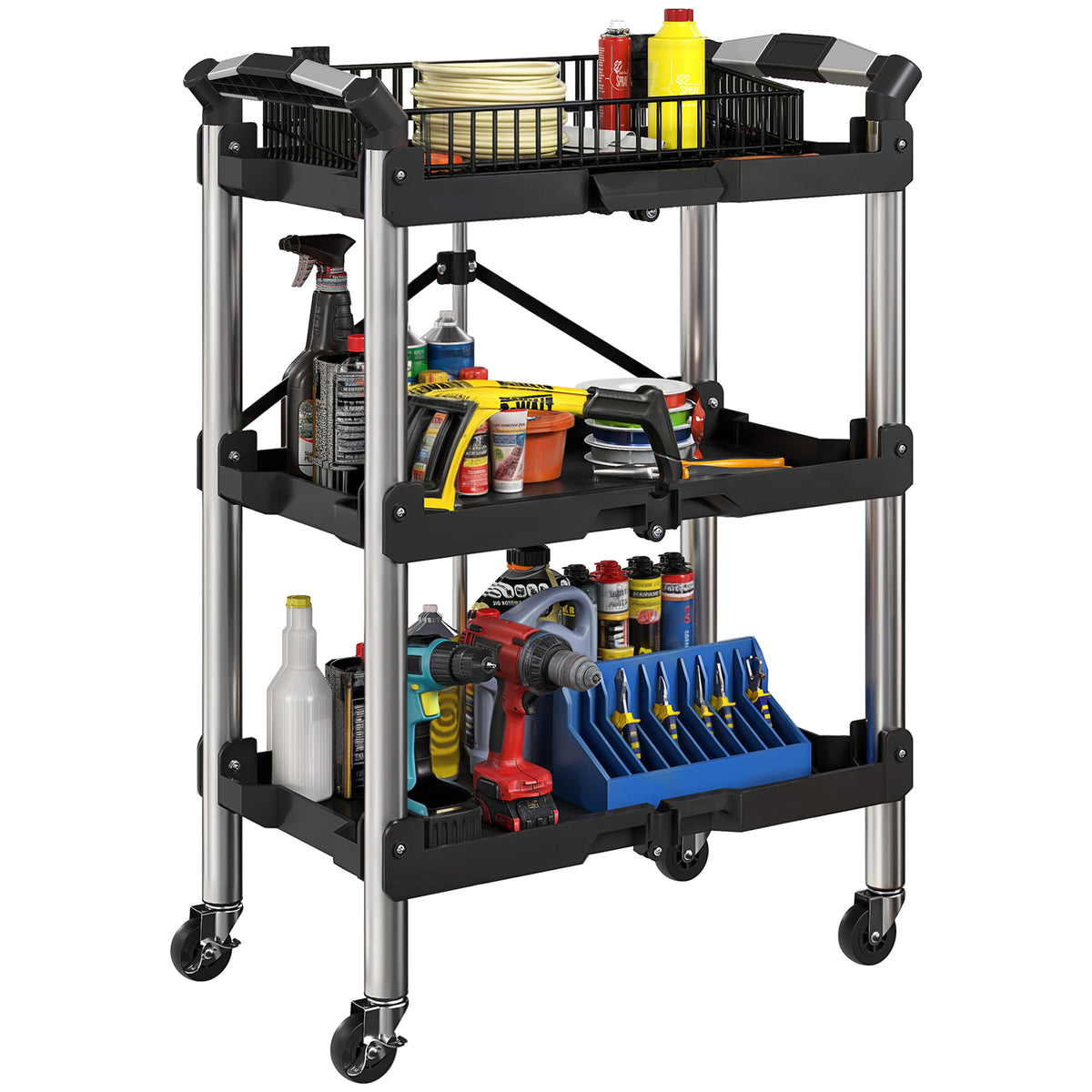 Werkzeug-Trolley, klappbarer 3-stufiger Werkzeugwagen, Kunststoff, Stahl, Schwarz