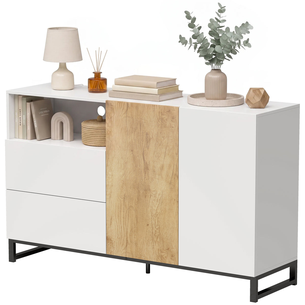 Sideboard Moderner Aufbewahrungsschrank mit 2 Soft-Close-Türen und 2 Schubladen 140x40x85 cm, Weiß